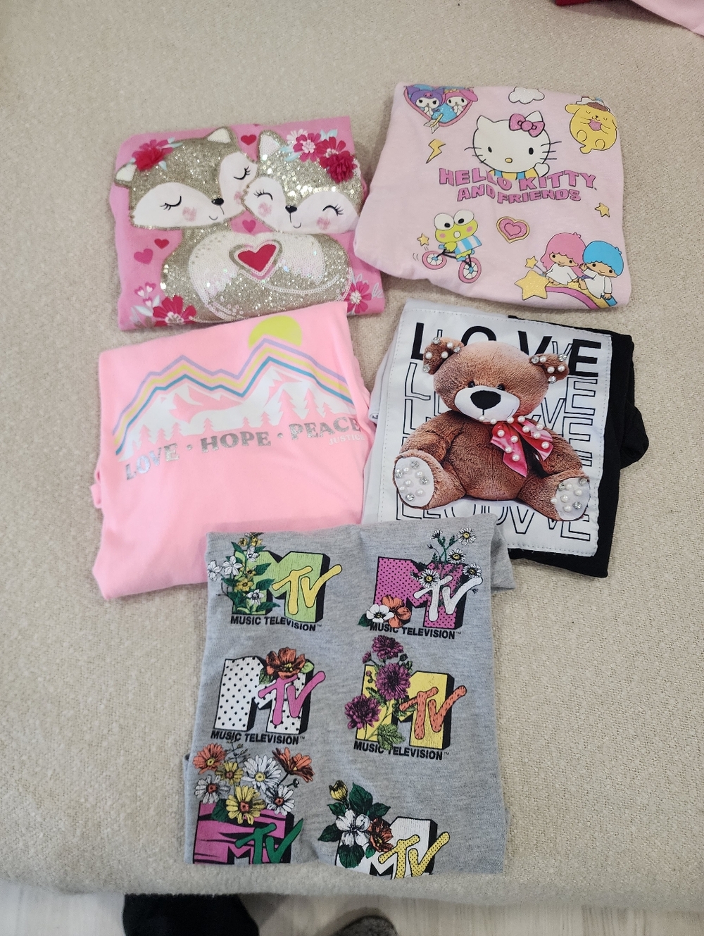 Girls' 5 Graphic Tee Bundle - Pink, Gray, Black, Light Pink